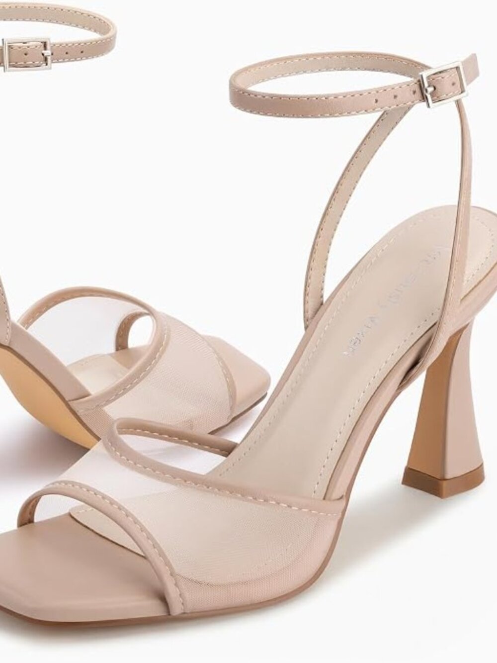 Nude Mesh Kitten Heels Strappy Square Toe Wedding Sandals Shoe High Heel